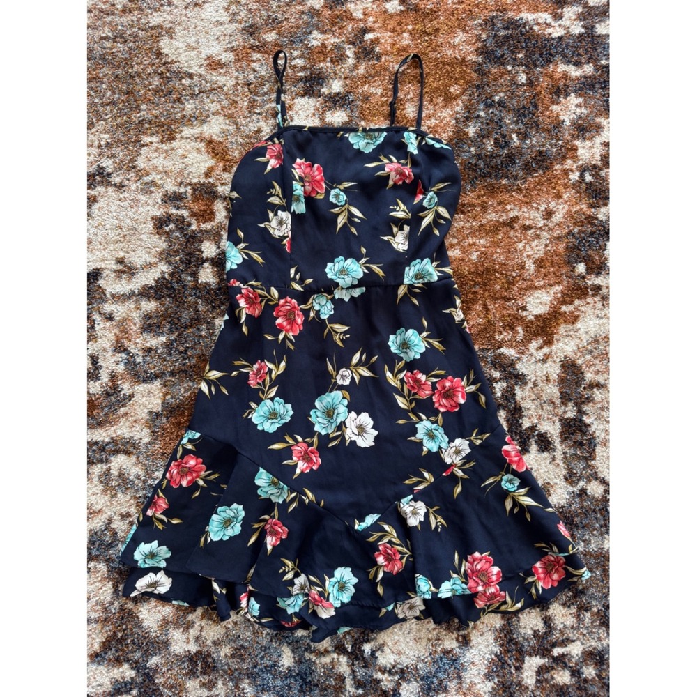 Xhilaration Navy Blue Floral Ruffle Mini Dress Smocked‎ Back Medium